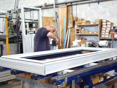Atelier menuisier qui constuit une fenêtre